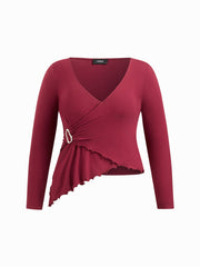 V-neck Long Sleeve Wrap Metal Detail Asymmetrical Hem Top Curve & Plus