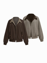 Reversible Cotton-blend Stand Collar Houndstooth Oversized Bomber Jacket