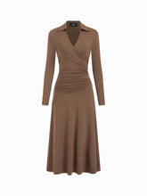 Collar V-neck Long Sleeve Wrap Ruched A-line Maxi Dress