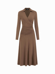 Collar V-neck Long Sleeve Wrap Ruched A-line Maxi Dress
