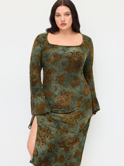 Scoop Neckline Floral Ruched Drawstring Maxi Dress Curve & Plus