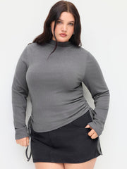 Thermal Cotton-blend Stand Collar Drawstring Ruched Tee Curve & Plus