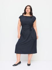 Boat Neck Stripe Knotted Ruched Midi Dress Curve & Plus