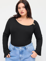 Asymmetrical Neck Metal Detail Long Sleeve Bodysuit Curve & Plus