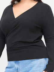 Knit V-neck Long Sleeve Cinched Waist Top Curve & Plus