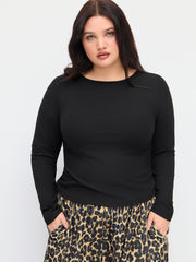 Round Neckline Long Sleeve Top & Mid Rise Leopard Elastic Waist Wide Leg Trousers Set Curve & Plus