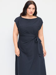 Boat Neck Stripe Knotted Ruched Midi Dress Curve & Plus