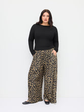 Round Neckline Long Sleeve Top & Mid Rise Leopard Elastic Waist Wide Leg Trousers Set Curve & Plus