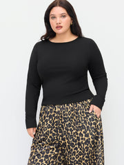 Round Neckline Long Sleeve Top & Mid Rise Leopard Elastic Waist Wide Leg Trousers Set Curve & Plus