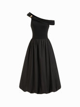 Cotton-blend Asymmetrical Neck Metal Button Bubble Hem Maxi Dress