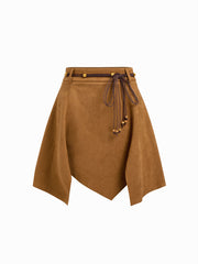 Suede Mid Rise Hanky Hem Mini Skirt With Belt