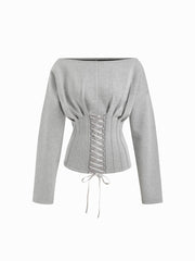 Asymmetrical Neck Pleated Lace Up Long Sleeve Sweatshirt