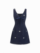 Corduroy Floral V-neck Lace Trim Bowknot Mini Dress