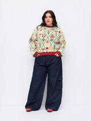 Knit Round Neckline Floral Contrasting Binding Top Curve & Plus