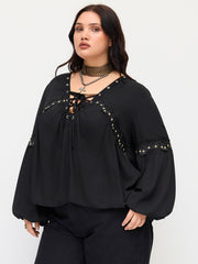 V-neck Metallic Floral Applique Lace Up Blouse With Cami Top Curve & Plus