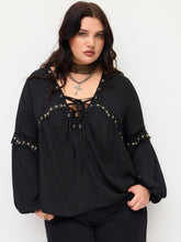 V-neck Metallic Floral Applique Lace Up Blouse With Cami Top Curve & Plus