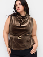 Velvet High Neck Metal Detail Belted Elastic Waist Tank Top Curve & Plus