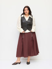 Mid Rise Lace Up Elastic Waist A-line Midi Skirt Curve & Plus