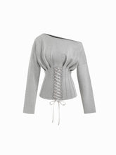 Asymmetrical Neck Pleated Lace Up Long Sleeve Sweatshirt