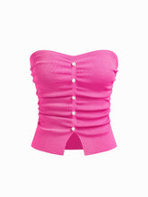 Faux Pearl Split Ruched Knit Crop Top