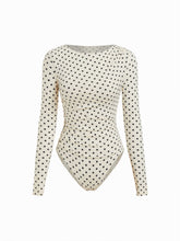 Polka Dot Boat Neck Long Sleeve Ruched Bodysuit