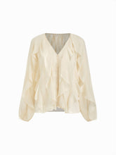 Chiffon V-neck Button Ruffle Oversized Long Sleeve Blouse
