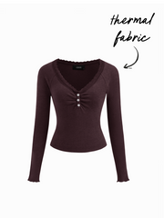 Thermal Cotton-blend V-neck Long Sleeve Lace Trim Ruched Tee
