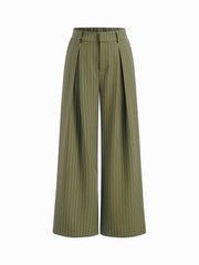 Mid Rise Stripe Pleated Wide Leg Trousers