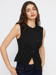 Round Neckline Asymmetrical Button Blazer Vest
