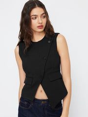 Round Neckline Asymmetrical Button Blazer Vest