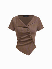 Collar Houndstooth Asymmetrical Button Ruched Top