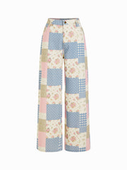 Cotton Mid Rise Floral & Polka Dot & Gingham Colorblock Patched Straight Leg Trousers