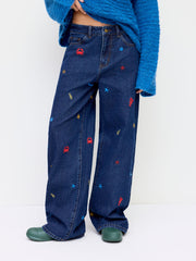 Cider Denim Low Rise Marine Life Embroidery Straight Leg Jeans