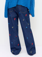 Cider Denim Low Rise Marine Life Embroidery Straight Leg Jeans