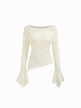 Contrasting Lace Boat Neck Bell Sleeve Asymmetrical Hem Lettuce Trim Top