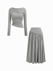 Boat Neck Ruched Asymmetrical Hem Top & Elastic Waist Maxi Skirt Set