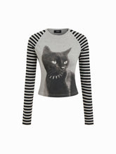 Cotton-blend Cat Graphic Striped Round Neckline Long Sleeve Tee