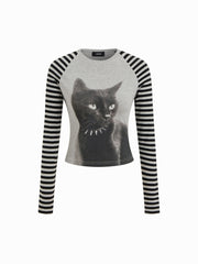 Cotton-blend Cat Graphic Striped Round Neckline Long Sleeve Tee