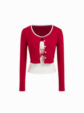 Two Pieces Contrasting Binding Cardigan With Cherry Graphic Cami Top Set