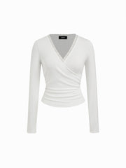 V-neck Lace Trim Ruched Top