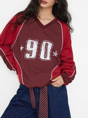 Cotton-blend V-neck 90 Graphic Two Tone Contrasting Binding Oversized Sweatshirt