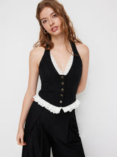 Two Tone Halter Neckline Broderie Anglaise Metal Detail Button Top