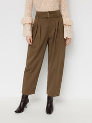 Tweed High Rise Pleated Tapered Trousers With Belt