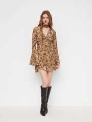 Mesh V-neck Floral Twist Mini Dress With Scarf