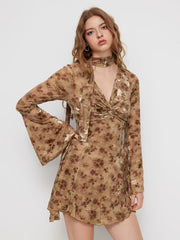 Mesh V-neck Floral Twist Mini Dress With Scarf
