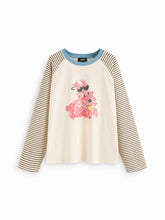 Cotton-blend Dog Graphic Round Neckline Striped Patched Tee