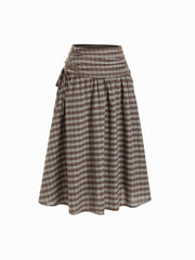 Cotton Mid Rise Plaid Bowknot Ruched Midi Skirt