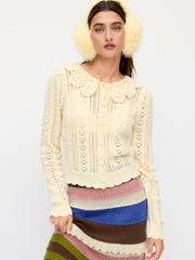 Crochet Peter Pan Collar Heart Hollow Out Button Long Sleeve Cardigan