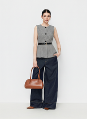 Round Neckline Houndstooth Blazer Vest With Belt
