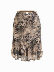Mesh Leopard Mid Rise Bowknot Ruffle Hem Midi Skirt Curve & Plus